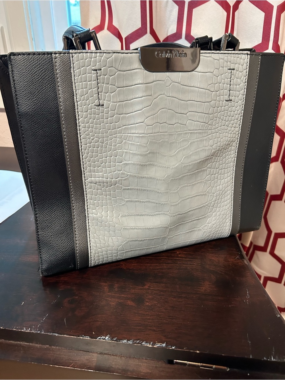 Calvin Klein Black and Light Gray Croc-Embossed Tote Briefcase